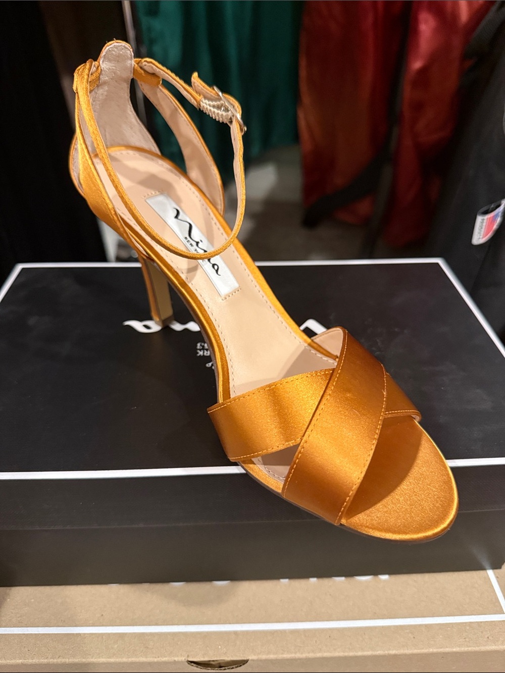 Nina Satin Crisscross Ankle-Strap Heels in Metallic Amber Gold